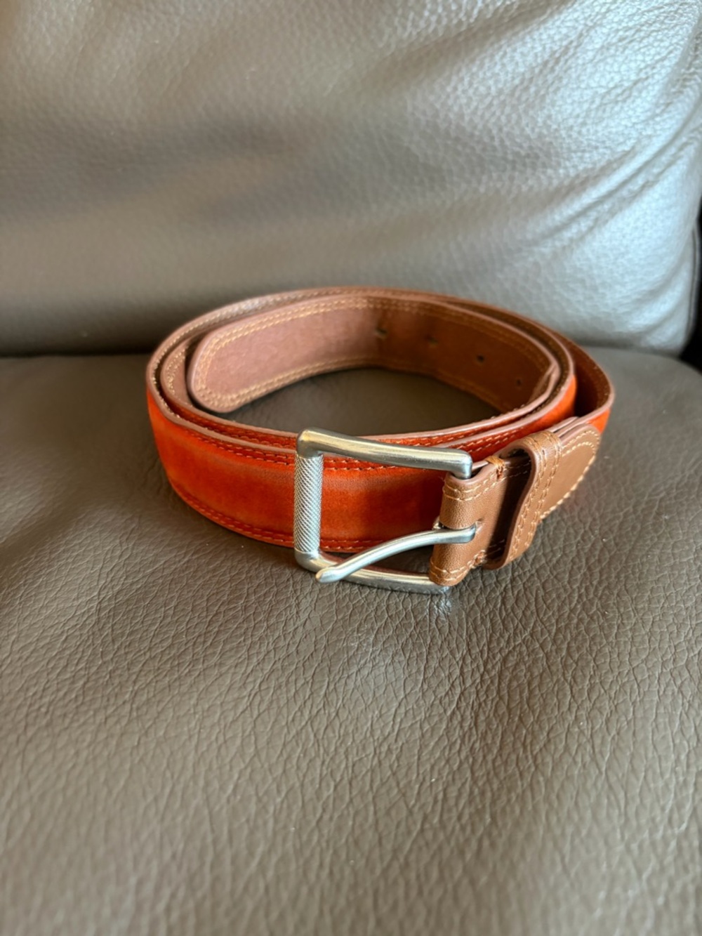 Brooks Brothers Burnt Orange Leather Men's Belt with Silver Buckle